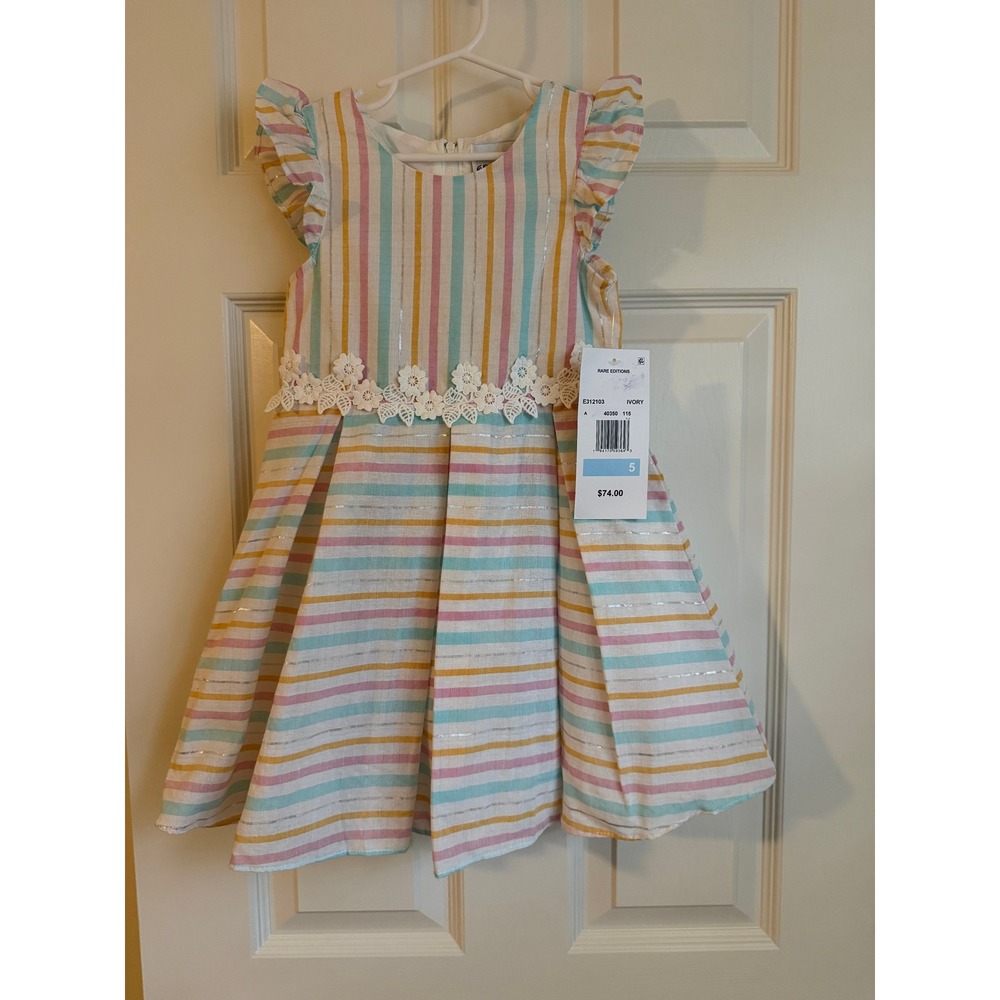 NWT Rare Editions Blue Pink Silver Striped Dress Sz 5